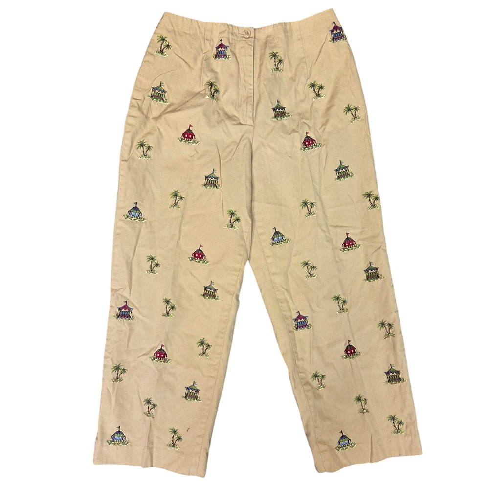 Talbots Petites Tan Embroidered Palm Tree Beach Cabana Pants Size 4P Tropical